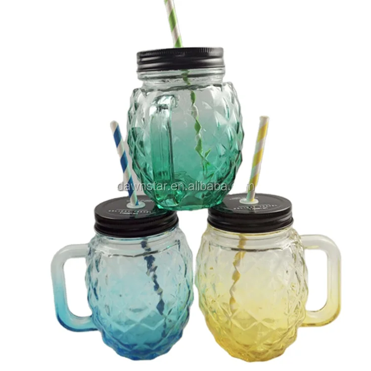 Pineapple-Shaped Mason Jar Mug Glasses with Handles, Straws & Lids, Set of  6