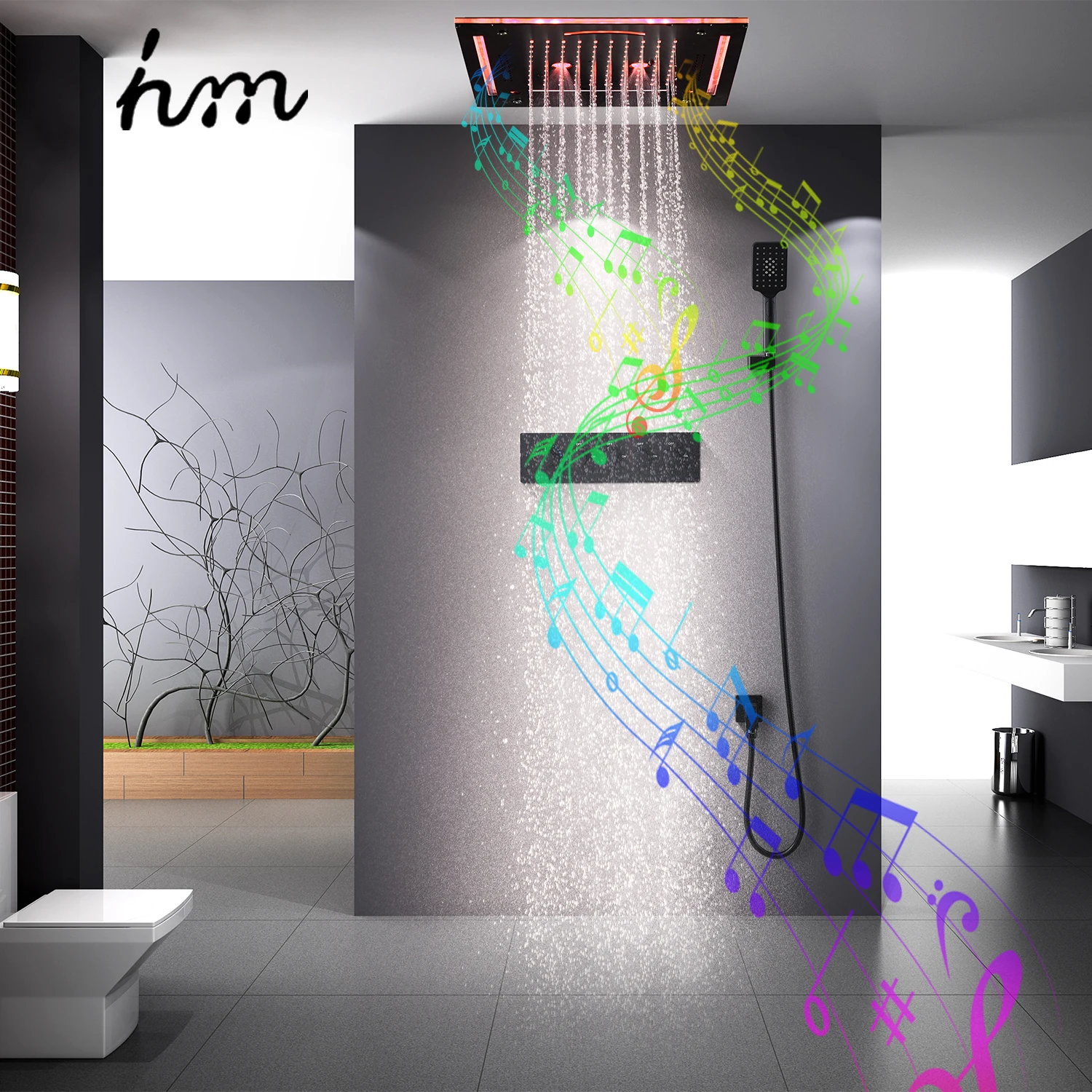 HM Modern Ceiling Embedded Rain Misty LED Music Shower Head Bathroom Shower Faucet Set