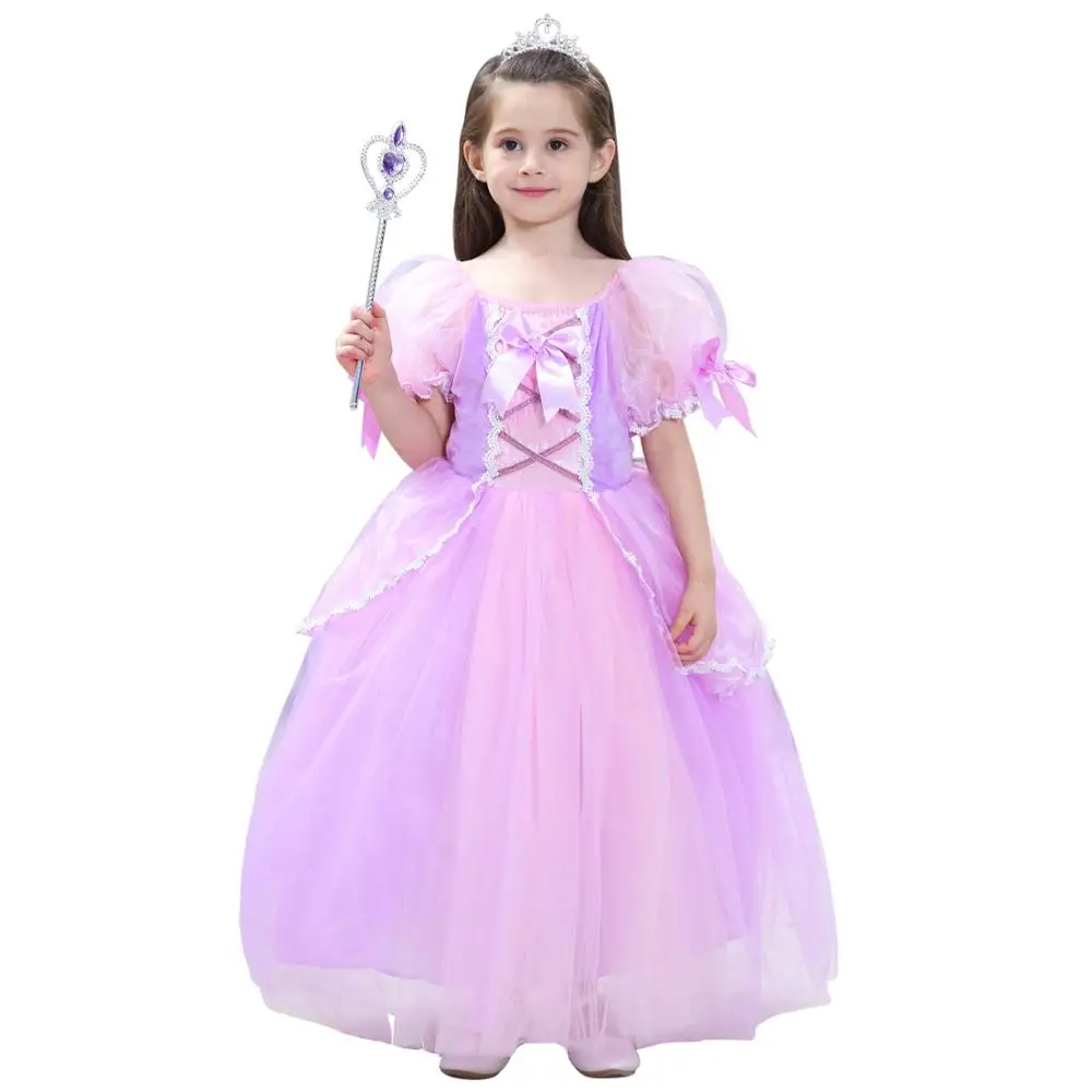 kids Sofia Princess Purple Dress for Girls Copper Sheet Mesh Lace Fancy Clothing 