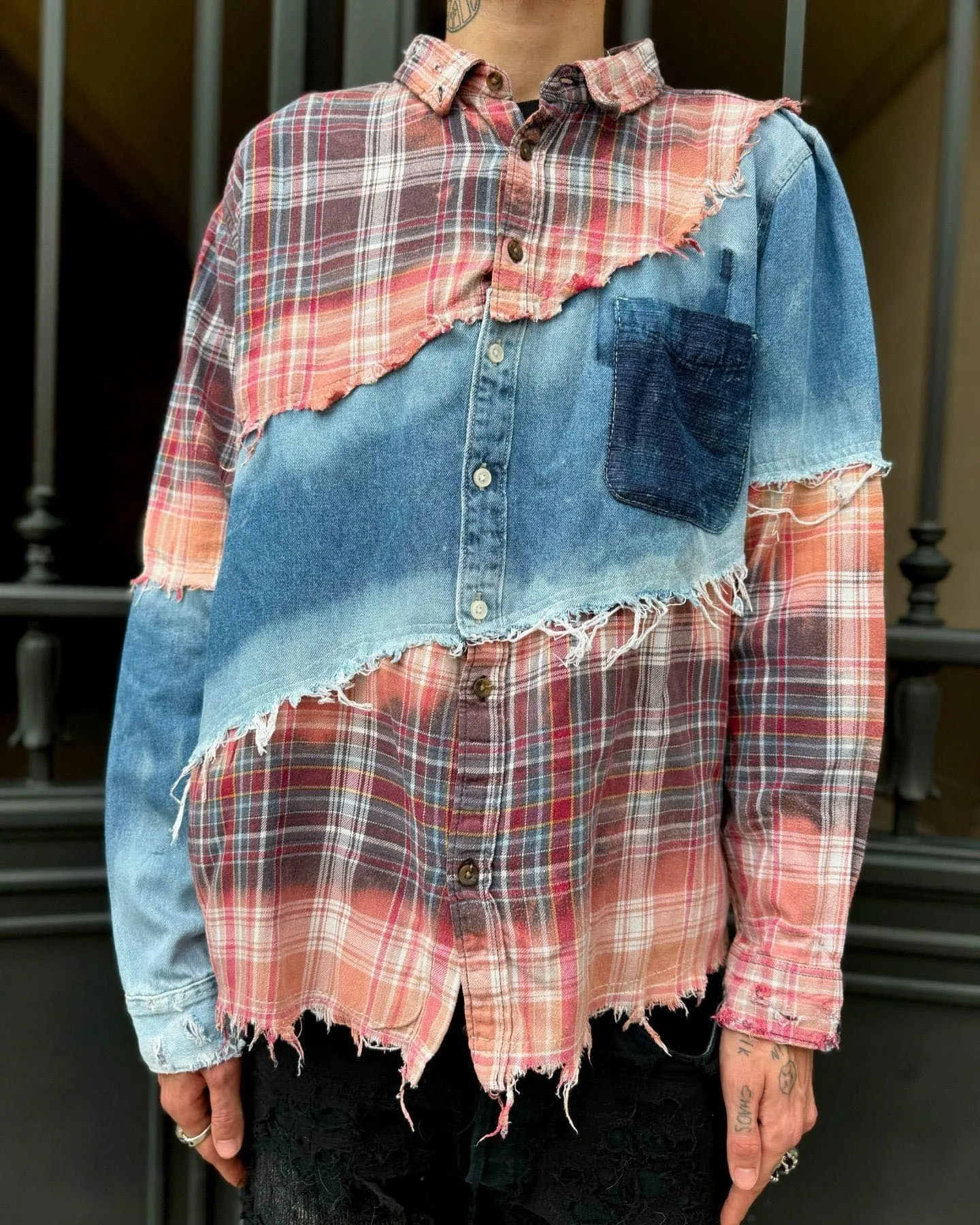 Salati Custom Cut Sew Oversized Button Acid Wash Vintage Distressed Panel Plaid Mix Flannel Denim Shirts Men Spring Quick Dry gallery 9