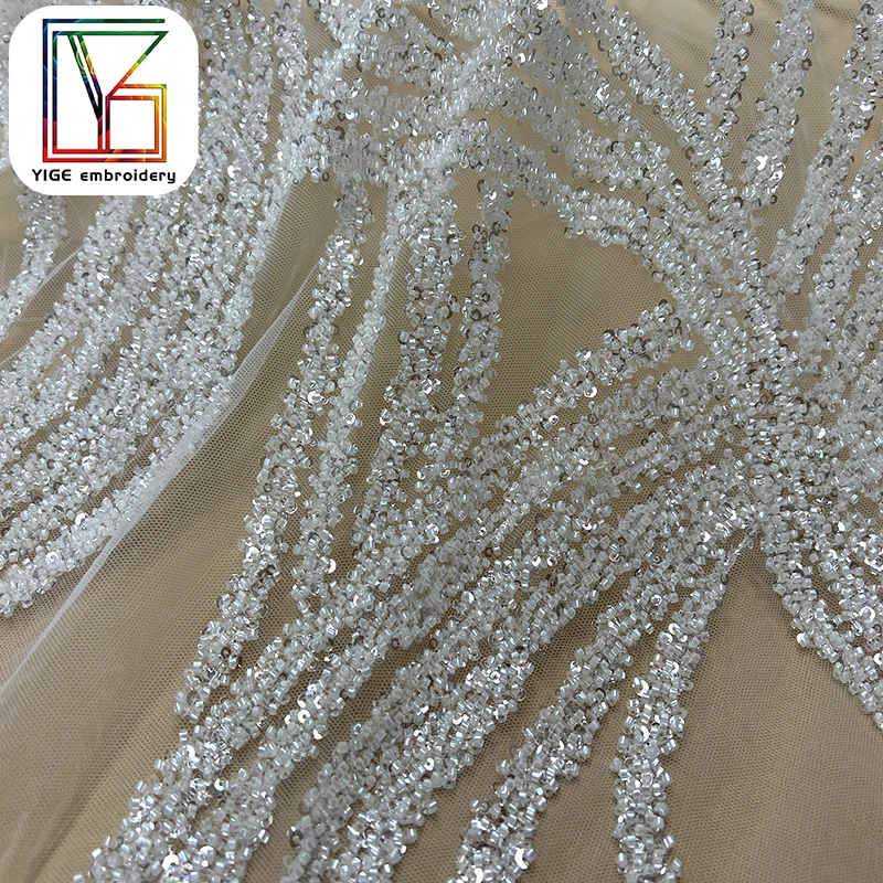Heavy Handmade Beaded Sequin Bridal Tulle Lace Fabric Luxury High Density  Wedding Net Beads Mesh Lace Fabric for Dresses Women