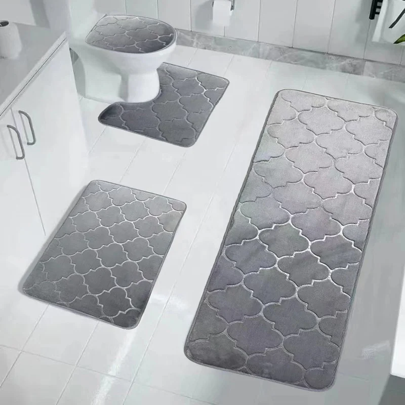 Classic Style 4-Piece Chenille Carpet Bath Rug Set Quick-Drying Polyester Non-Slip PVC Bottom Solid Toilet Mat Bathroom