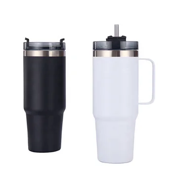 Custom Double Wall Vacuum Stainless Steel Cup Reusable Travel Metal Coffee Mug 40oz Laser Tumbler With Handle