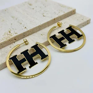 Fashion Brand Designer Trendy Hoop Earrings 18K Gold Plated Stainless Steel H Letter Enamel Women's Party Earrings