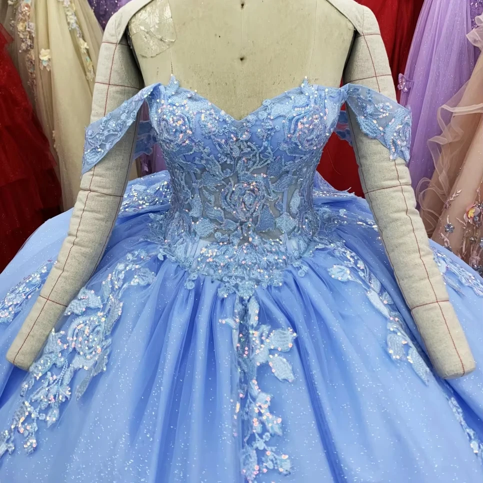 2025 Light Blue Satin off Shoulder Sweetheart Embroidery Quinceanera Dress  Princess Ball Gown for Winter Weddings ODM Supply