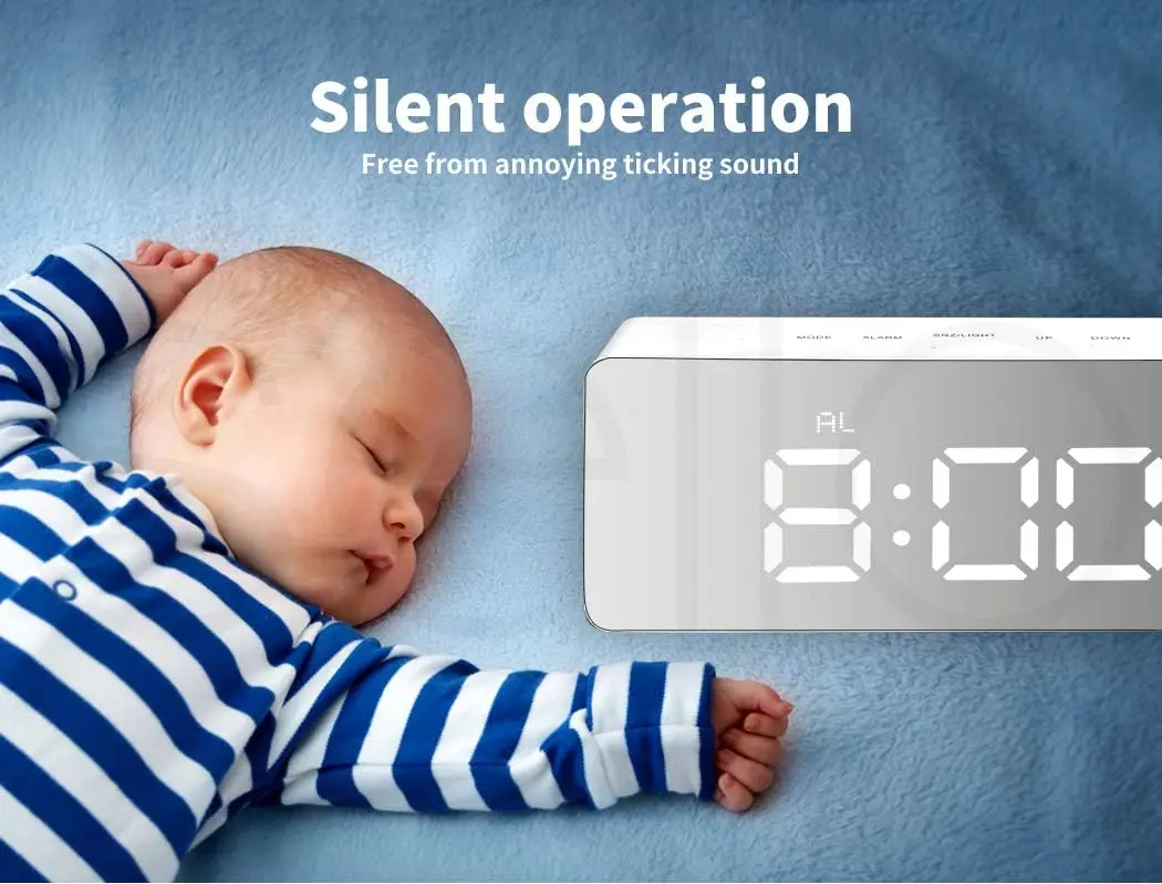 Home Decor Temperature Alarm Time Modern Digital Mirror Clock LED Display Desk Table Alarm Clock