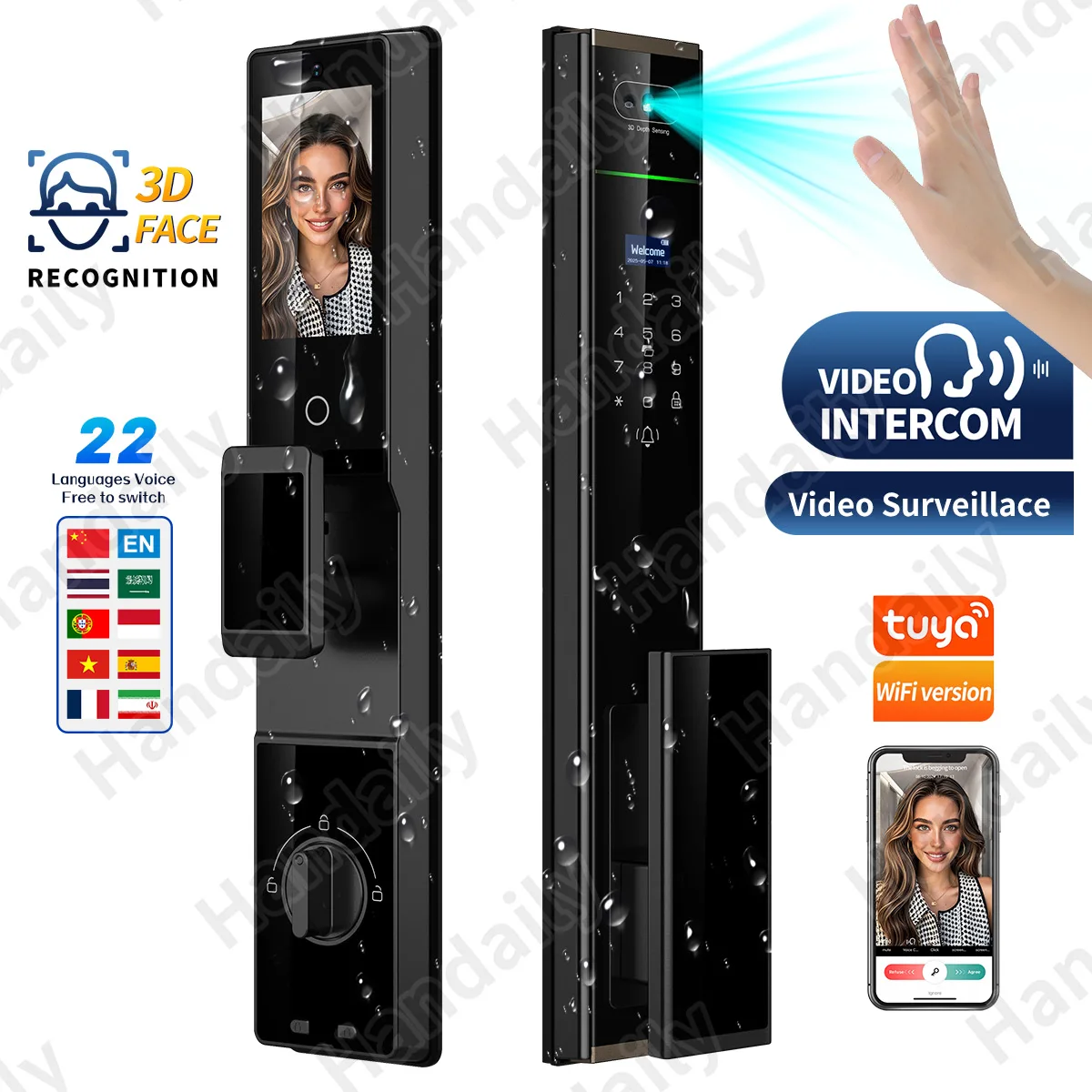 Handaily Video Intercom Tuya Palm Vein Smart Door Lock  Smart Door Lock Fingerprint Password Cerraduras for Main Gate P70