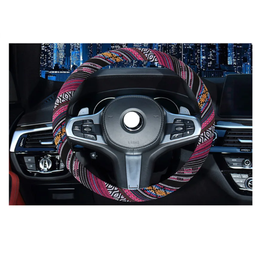 Car Vehicle Small Ethnic Style Coarse Flax Cloth Automotive Steering Wheel Cover 