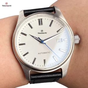 ODM/ODM 39mm Pilot Mechanical Watch for Men GS White Dial Blue Hand 50M Waterproof Leather Bracelet Classic Business Watches