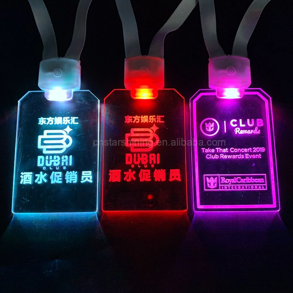 Factory OEM Laser Engraved LOGO Customized Shape Colorful Light up Acrylic ID Card Holder LED Lanyard