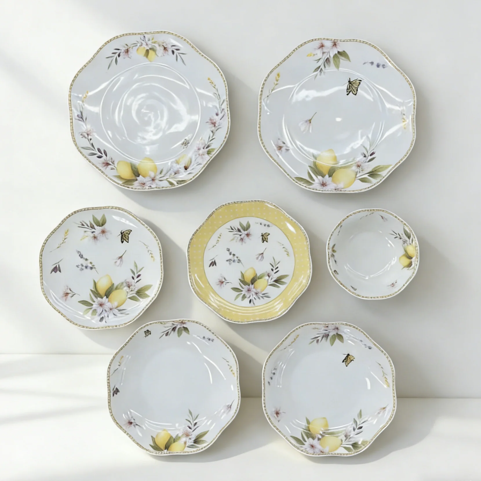 7-Κομμάτων Ρουστίκ Λαϊκό Σετ Κεραμικών Σκευών | Σκεύη με Μοτίβο Λεμόνι, Άνθη και Πεταλούδα