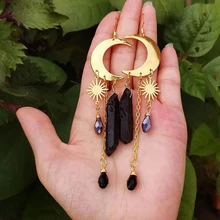 Natural healing Crystal women Jewelry luxury Dangle Stone raw Quartz Earrings Moon and Sun Earrings Gold drop hoop earrings 2022