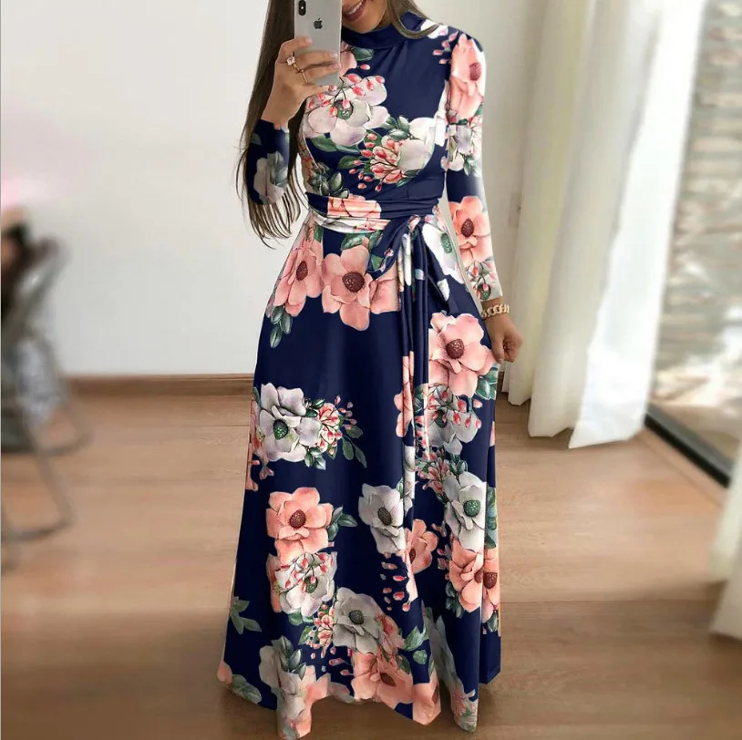 New Style O-neck Long Sleeve Casual Women Floral Print Maxi Summer ...