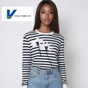 China V-Times Autumn Winter New Women's Casual Long Sleeve Striped Floral Sweatshirt T-Shirt Top Embroidery Knitted Fabric Logo