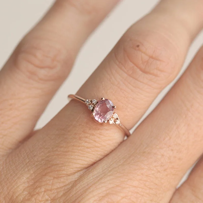 CAOSHI Dainty Pink Oval Crystal Ring for Women Engagement