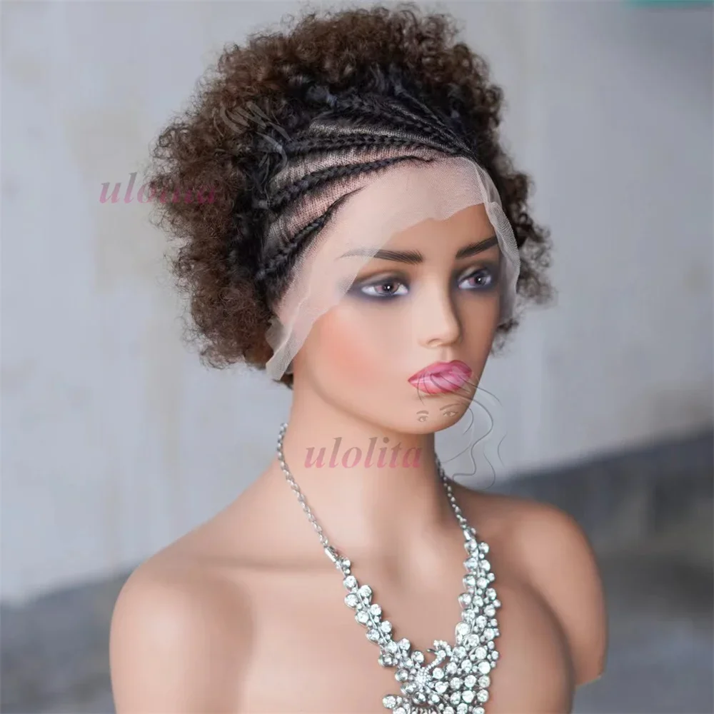 13x4 Lace Braid Wigs Human Hair Afro Kinky Curly Lace Front Wigs for Women Highlight Brown 210% Density Brazilian Remy Hair Wig_voghion.com