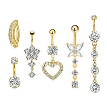 6Pcs/Set Stainless Steel Gold-Plated Heart-Shaped Butterfly Navel Ring Pendant Cubic Zirconia 14G Bar Belly Button Piercing Ring