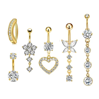 6Pcs/Set Stainless Steel Gold-Plated Heart-Shaped Butterfly Navel Ring Pendant Cubic Zirconia 14G Bar Belly Button Piercing Ring