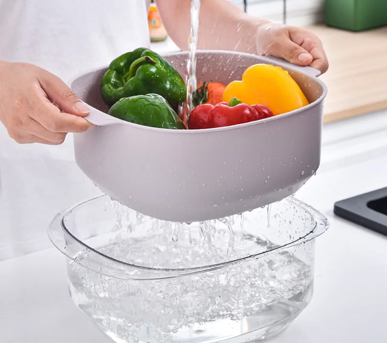 Light luxury PET transparent double drain basket Plastic vegetable basket household kitchen washing fruit and vegetable basket details