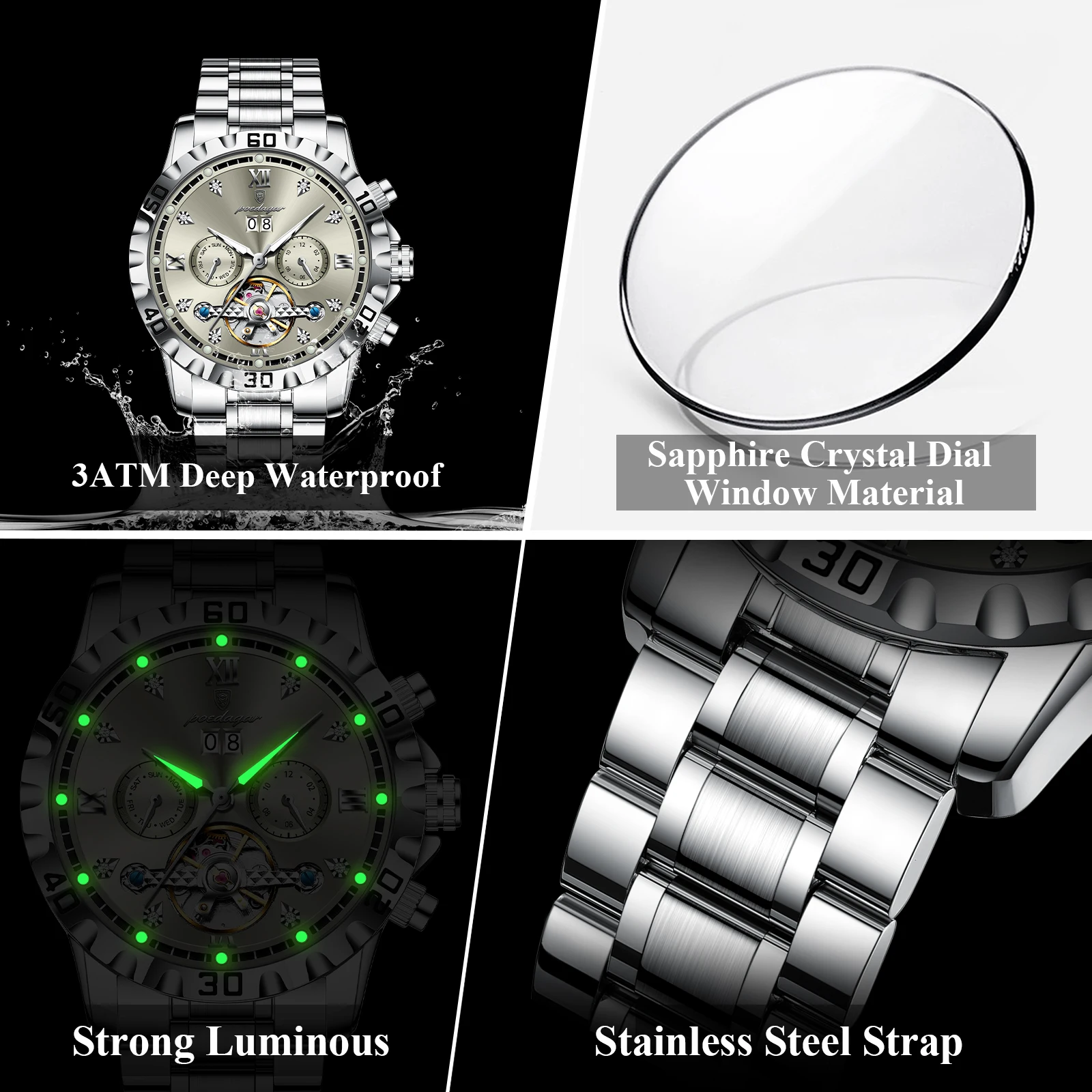 Poedagar Luxury Skeleton Tourbillon Men's Watch