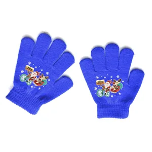 Custom Logo Christmas Designs Kids Winter Knitted Hand Protect Gloves Acrylic Fiber Blue Color Warm Mittens Outdoor Gloves