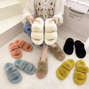 Custom Logo Women Autumn Winter Fashion Cheaper House Plush Slippers Women Casual Fashion Flat Faux Fur Furry Slippers