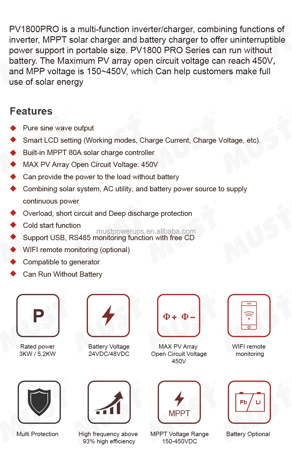 MUST Power PH1800 Pro Hybrid Solar Inverter - 5.2KW Efficiency