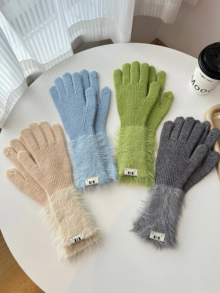 Зимние женские трикотажные перчатки из мягкого флиса
