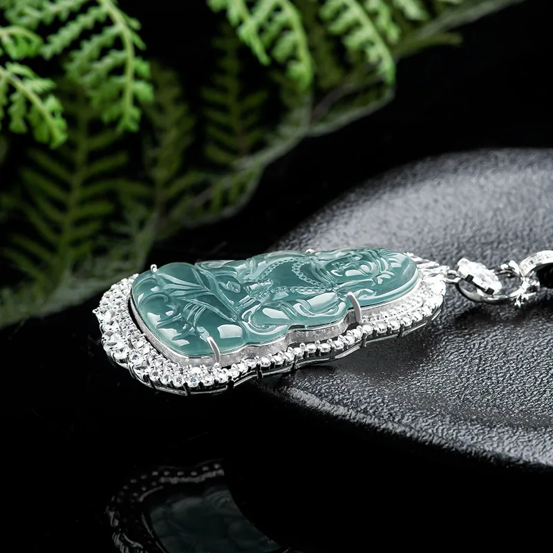 Natural a Grade Jadeite Blue Water Guanyin S925 Silver Luxury Inlaid Ice Jade Pendant for Men and Women Necklace Pendant