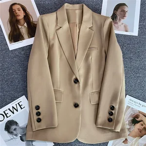 Khaki Wool/Silk Women's Blazer 2026 Spring Autumn Casual Elegant Mandarin Collar