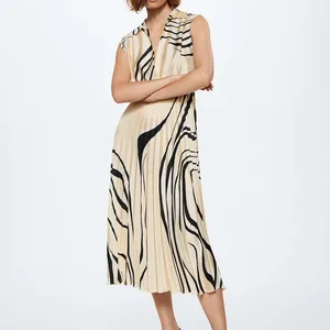Custom Print High Quality Women Dress Flowy Pleated V Neck Floral Print Ruffle Sleeve Layered Midi Dress