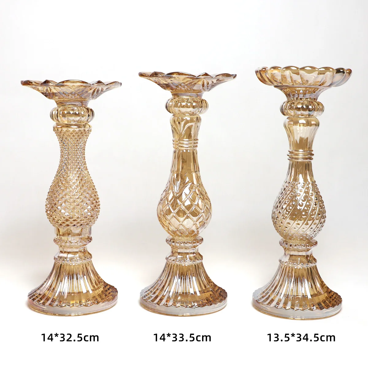 Vintage luxury home decoration tabletop tall long stem pillar clear gold ribbed glass taper candle stand stick holder set of 3 supplier