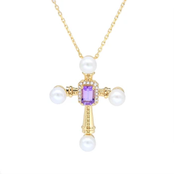 Joacii 925 Sterling Silver 14K Gold Plated Gemstone Series Amethyst Natural Freshwater Pearls Cross Necklace