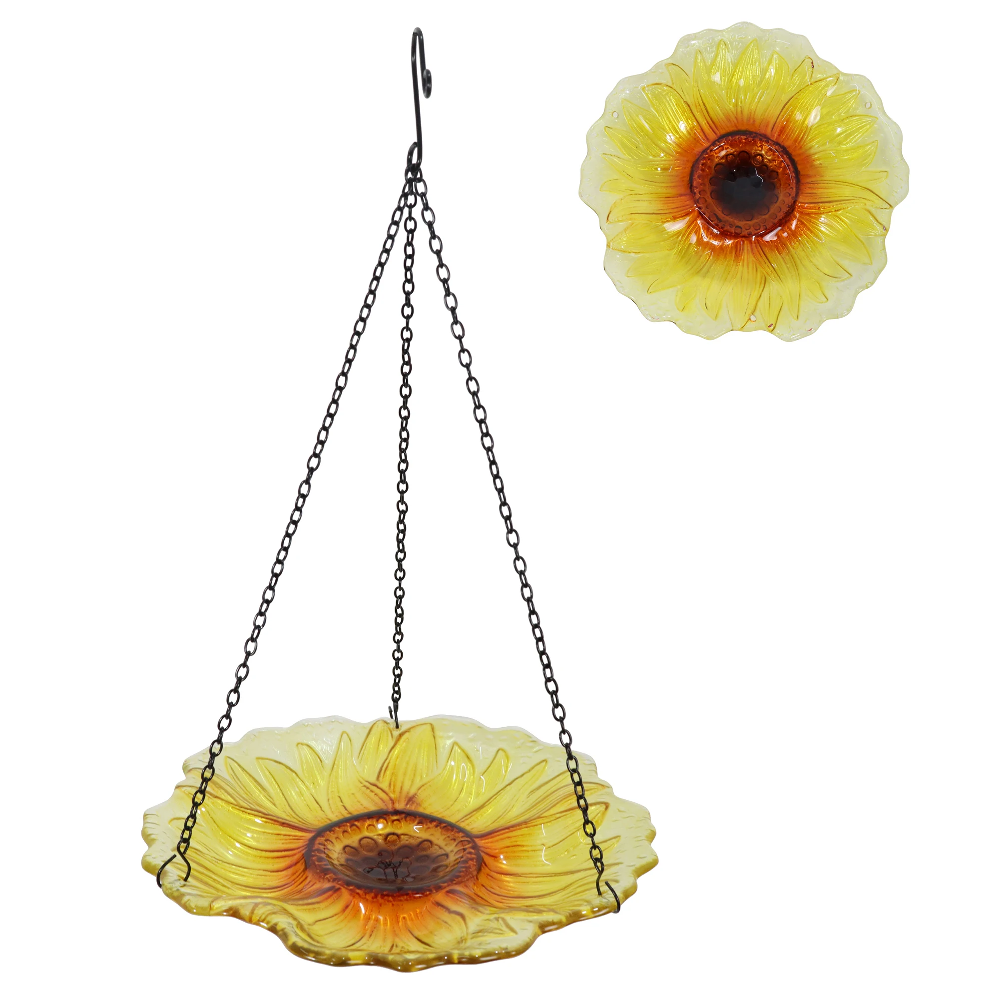 10 Inches Sunflower Shape Yellow Glass Bird Feeder Metal Chain Hand Painting Hanging Bird Feeder Bath