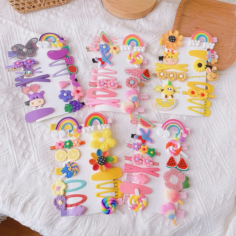 New Design 14Pcs/Set Cartoon Candy Color Cute Hair Barrette Rainbow Cloud Lollipop Clip Pin Accessories Set for Kids Girls
