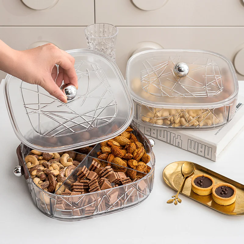 Handle Lid Tray with Divided Serving Platter for Party Nuts Candies Fruit and Cookies-Durable Plastic Dried Fruit Snack Tray