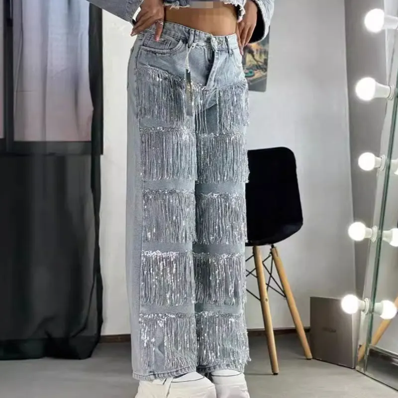 New High Street Fashion Women's Straight Jeans for Sehe with Tassel Design Sequin Embellished Breathable Denim Pencil Pants