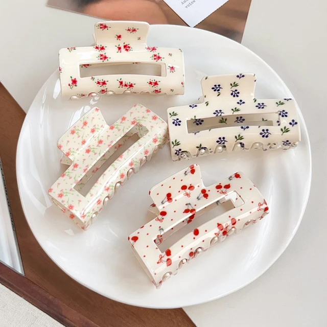2025 French Floral Cherry Gripper Sweet Medium-Sized Square Hollowed-Out Shark Clip Girl Cute and Fashionable Printed Hair Claws