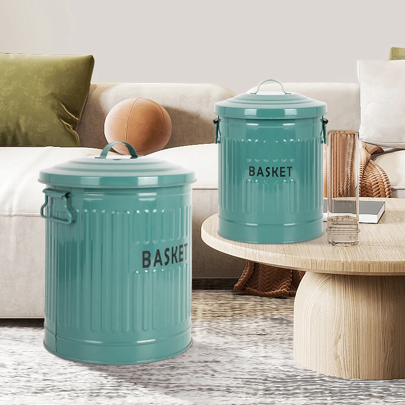 New Style Storage Container Galvanized Metal Material Storage Bucket Set of 2 Laundry Basket with Lid