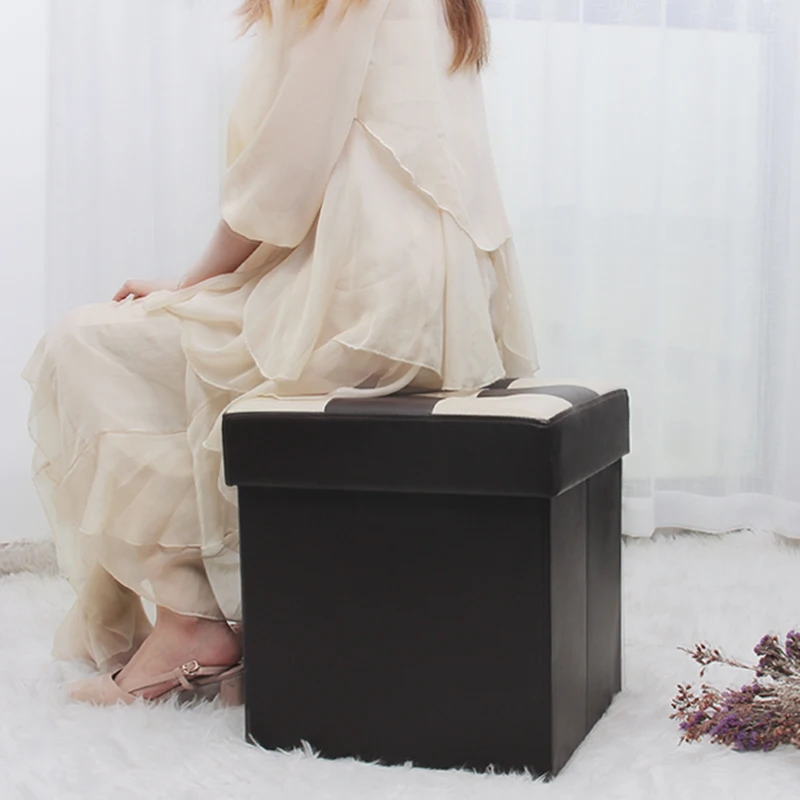 Custom Modern Furniture Folding Footstool Living Room Pvc Sofa Storage Ottoman Leather Pouf Chair Folded Stool Box