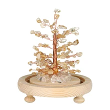 Genuine Citrine Feng Shui Tree with Glass Casing and Wood Base Healing Crystal Hand Wrapped Copper Wire Life Tree Light Lamp