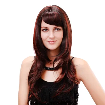 Wig Supplier Red Highlight Synthetic Multi Layered Haircuts Long Hair Wig With Bangs