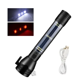 Multi Function USB Rechargeable All-in-One 7-Mode Solar Powered LED Tactical Flashlight with Glass Breaker Seatbelt Cutter
