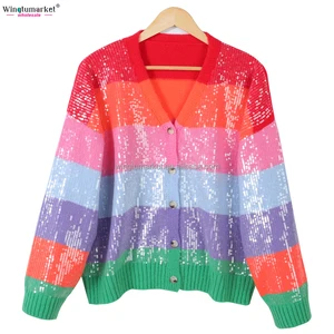 Women Rainbow Striped Sequin Cardigan Color Block V Neck Button Down Knit Sweater Coat with Sparkle