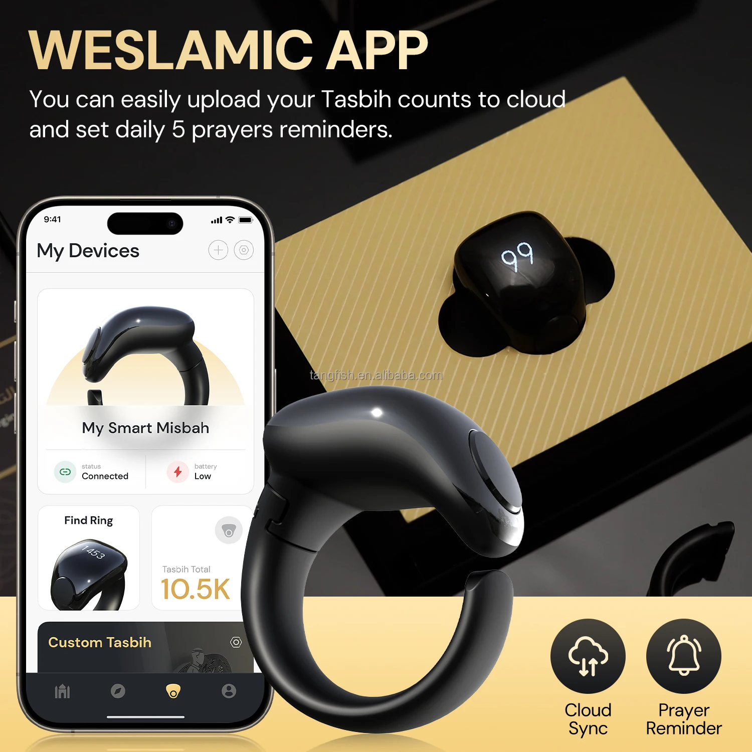Smart Mini Islamic Tasbeeh Wireless Digital Counter Waterproof Prayer Beads Ring for Muslims Alarm Clock App Control Features