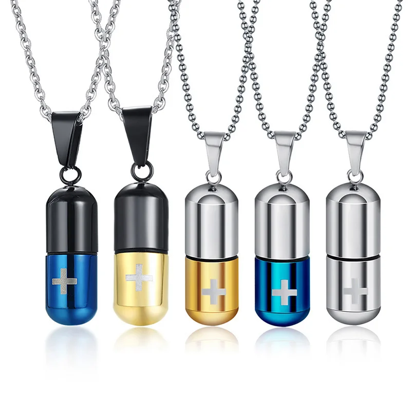 Stainless Steel Cylindrical Capsule Pill Pendant Necklace, Cremation Jewelry for Ashes,Multi Color Option Gift for Mens Womens