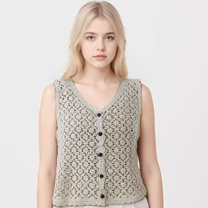 Autumn Summer Women's Casual Eco-Friendly Short Crochet Cotton Vest Handmade Knitted Tank Top V-neck Single Breasted Solid