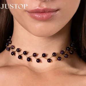 Chic Choker Gemstone Round Pendant Necklace Amethyst Natural Stone Stainless Steel Chain Trendy Women Necklace Jewelry