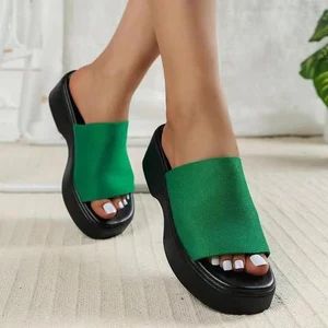Wholesale Trendy Open Toe Outdoor Mesh Upper  Women's Block Heels Design High Heel slippers with Large Size Sandals for Ladies