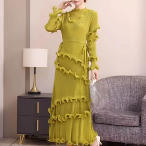 Fall Long-style Fringed Pleated Dress with Beading - Elegant Plus-size Dress